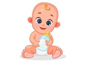 Cute Happy Baby Holding Baby Milk Bottle Vector
