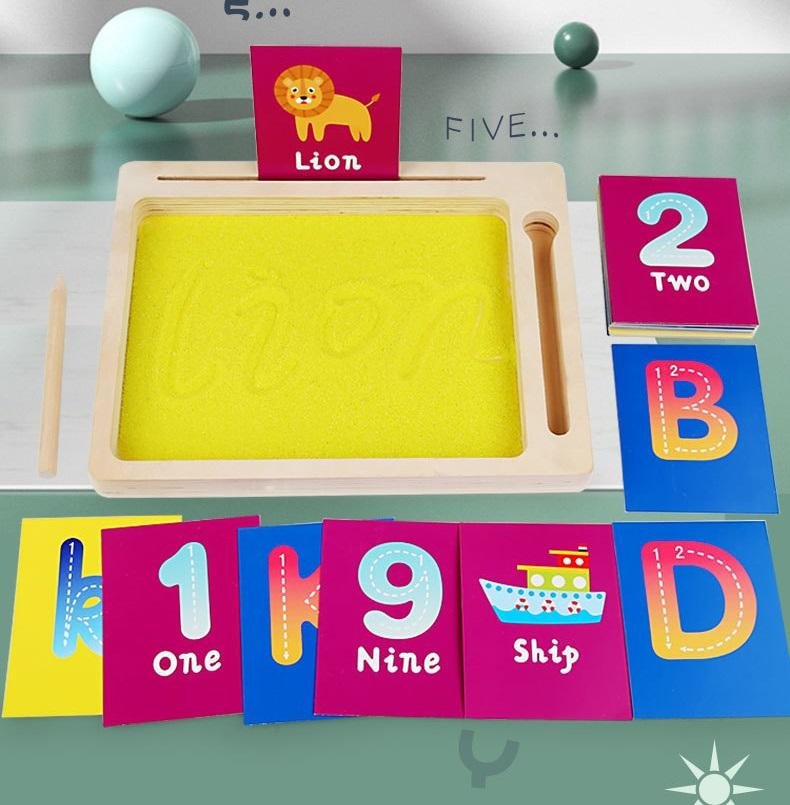 Montessori Sand Tray Writing Activity Set Yellow Sand And Lion Card
