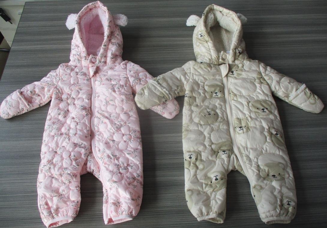 Baby Quilted Printed Snowsuit   Pink Florals And Cream Bears