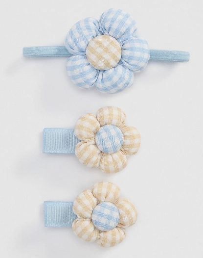 Gingham Flower Hair Accessory Set   Pale Blue